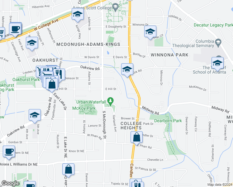map of restaurants, bars, coffee shops, grocery stores, and more near 139 East Hill Street in Decatur