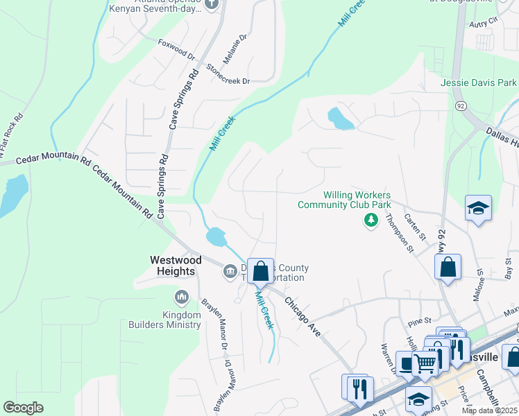 map of restaurants, bars, coffee shops, grocery stores, and more near 8119 Willowbank Way in Douglasville