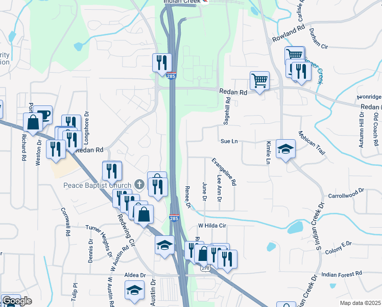 map of restaurants, bars, coffee shops, grocery stores, and more near 1144 Evangeline Road in Decatur