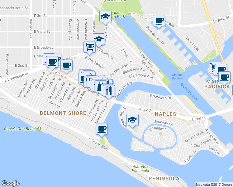 map of restaurants, bars, coffee shops, grocery stores, and more near 221 Bay Shore Avenue in Long Beach