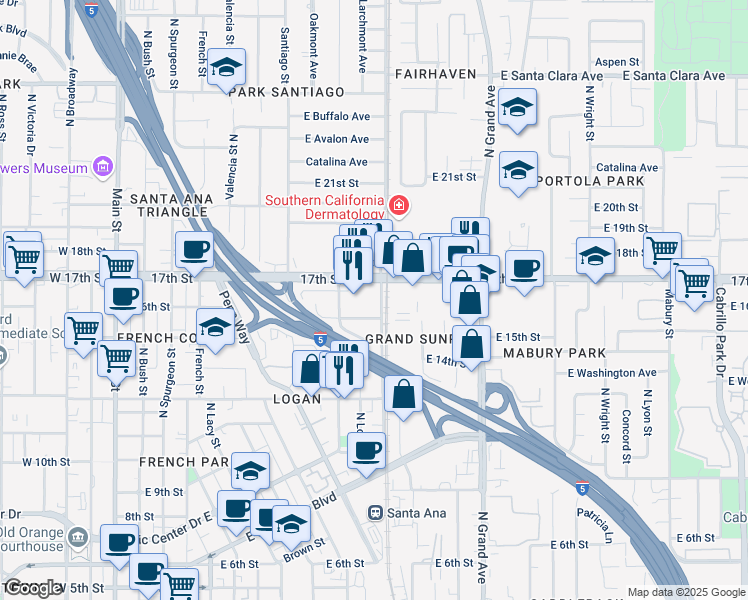 map of restaurants, bars, coffee shops, grocery stores, and more near 1008 17th Street in Santa Ana