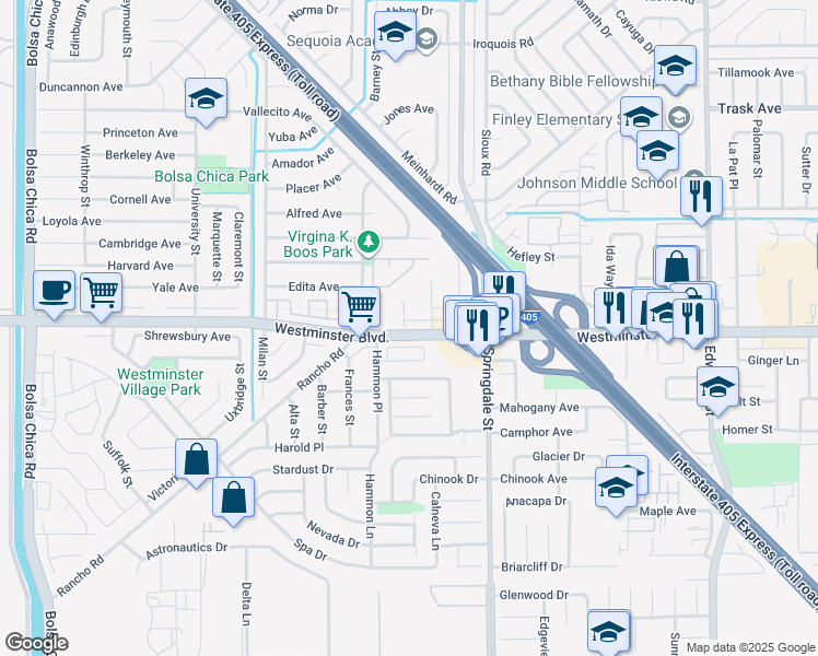 map of restaurants, bars, coffee shops, grocery stores, and more near 5811 Westminster Boulevard in Westminster