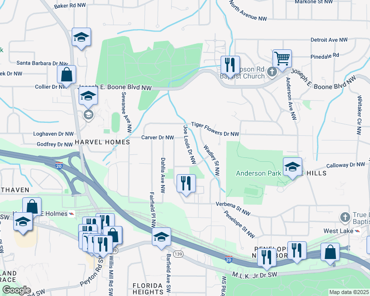 map of restaurants, bars, coffee shops, grocery stores, and more near 192 Joe Louis Drive Northwest in Atlanta