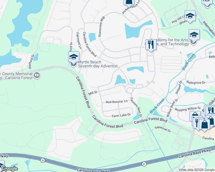 map of restaurants, bars, coffee shops, grocery stores, and more near 2445 Windmill Way in Myrtle Beach