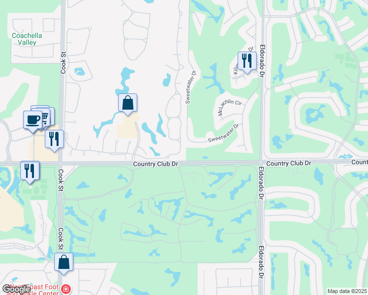 map of restaurants, bars, coffee shops, grocery stores, and more near 128 Desert Falls Drive East in Palm Desert