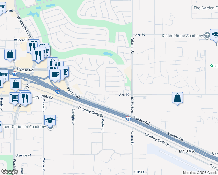 map of restaurants, bars, coffee shops, grocery stores, and more near 39959 Alba Way in Palm Desert