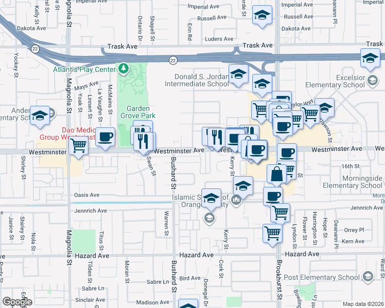 map of restaurants, bars, coffee shops, grocery stores, and more near 9611 Sutherland Way in Garden Grove