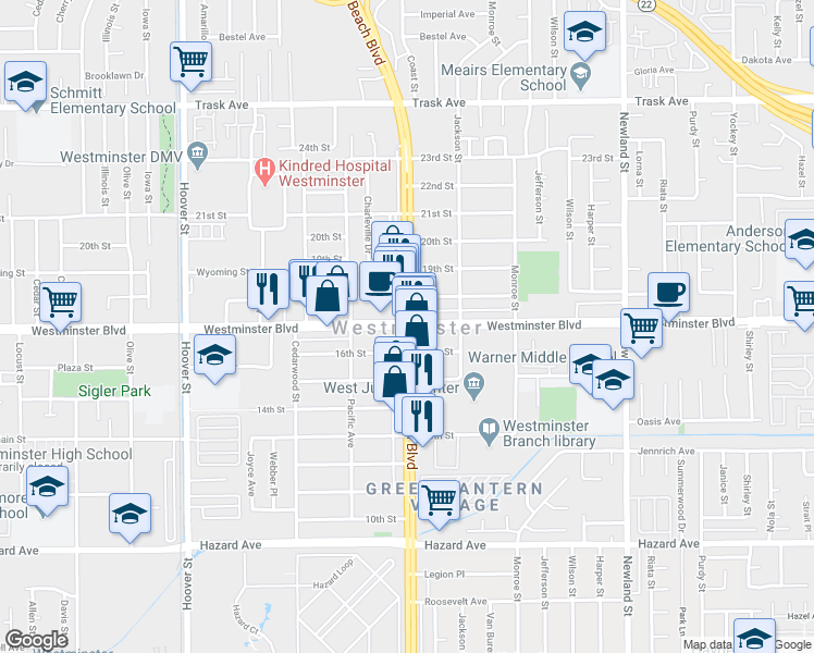map of restaurants, bars, coffee shops, grocery stores, and more near in Westminster