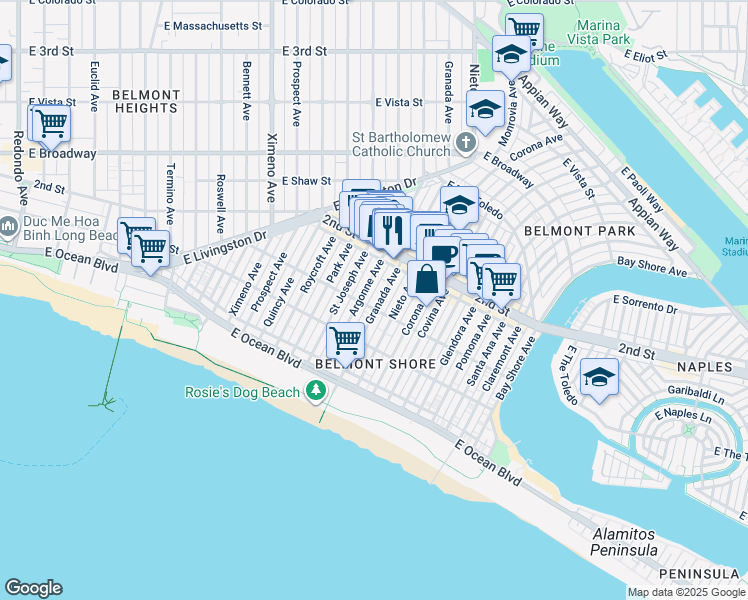 map of restaurants, bars, coffee shops, grocery stores, and more near 142 Granada Avenue in Long Beach