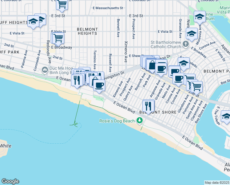 map of restaurants, bars, coffee shops, grocery stores, and more near 40 Ximeno Avenue in Long Beach