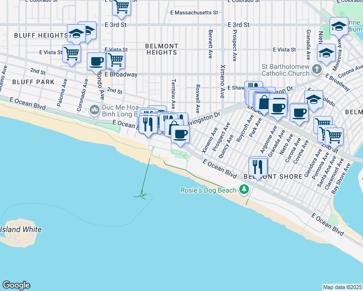 map of restaurants, bars, coffee shops, grocery stores, and more near in Long Beach