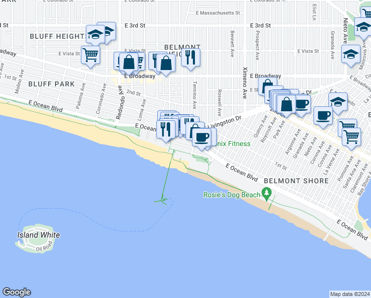 map of restaurants, bars, coffee shops, grocery stores, and more near 30 South Termino Avenue in Long Beach