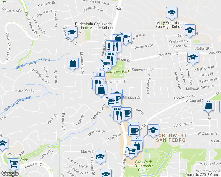 map of restaurants, bars, coffee shops, grocery stores, and more near 1704 Huntsman Court in Rancho Palos Verdes