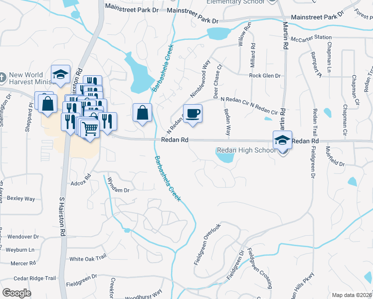 map of restaurants, bars, coffee shops, grocery stores, and more near 1189 Mill Lake Circle in Stone Mountain
