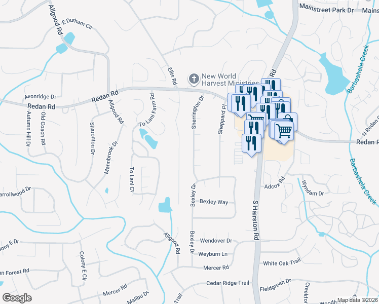 map of restaurants, bars, coffee shops, grocery stores, and more near 1193 Sherrington Drive in Stone Mountain