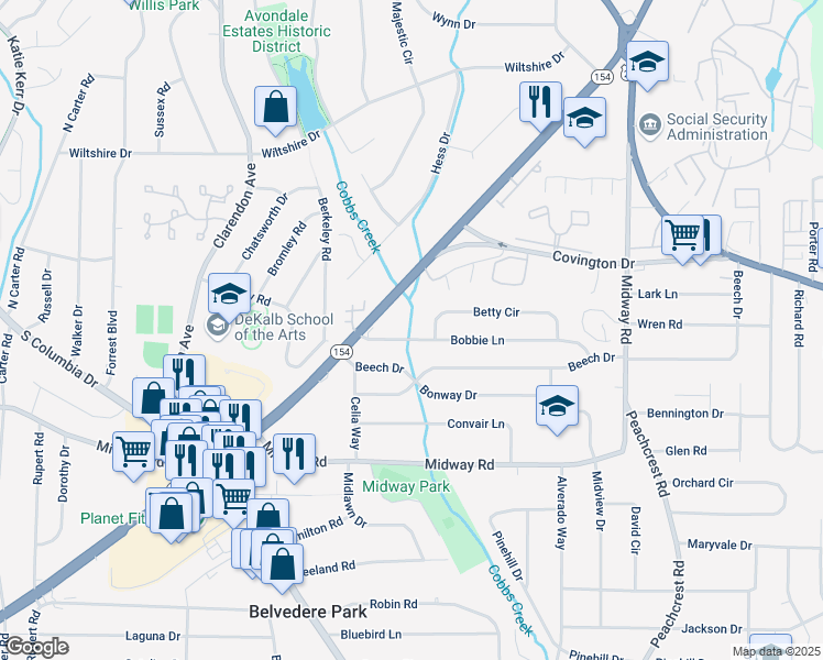 map of restaurants, bars, coffee shops, grocery stores, and more near 3180 Bobbie Lane in Decatur