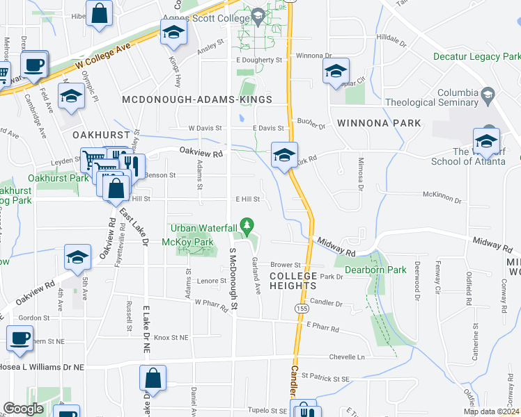 map of restaurants, bars, coffee shops, grocery stores, and more near 139 East Hill Street in Decatur