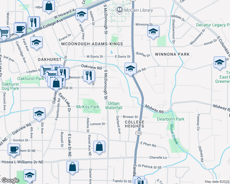 map of restaurants, bars, coffee shops, grocery stores, and more near 117 East Hill Street in Decatur