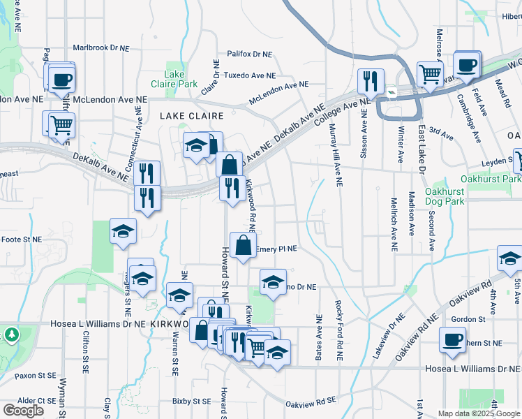 map of restaurants, bars, coffee shops, grocery stores, and more near 2021 Fowler Street Northeast in Atlanta