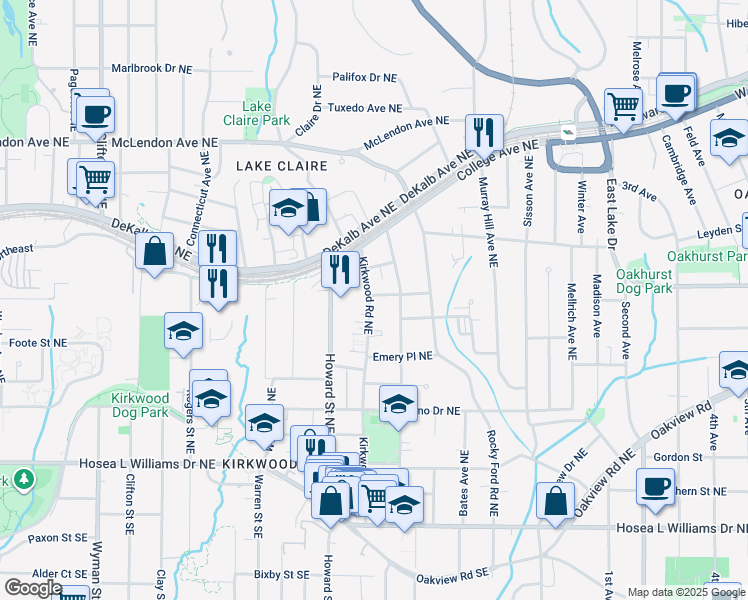 map of restaurants, bars, coffee shops, grocery stores, and more near 2021 Fowler Street Northeast in Atlanta