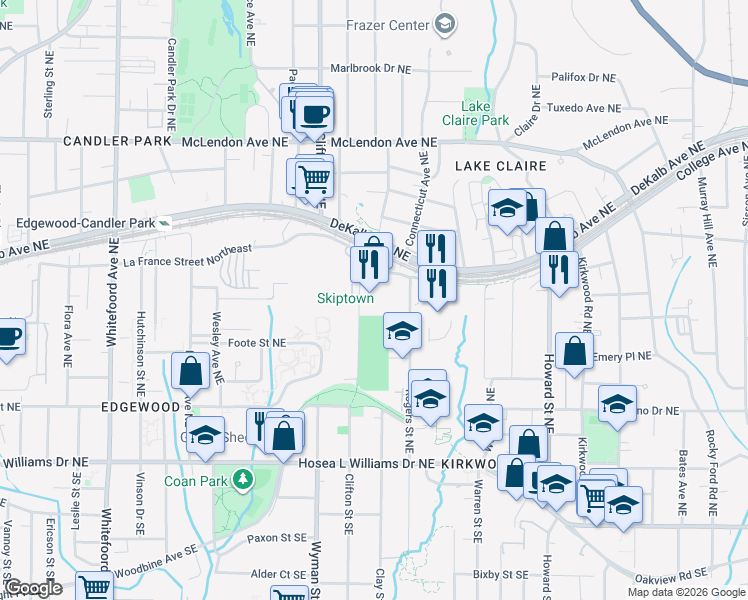 map of restaurants, bars, coffee shops, grocery stores, and more near 195 Arizona Avenue Northeast in Atlanta