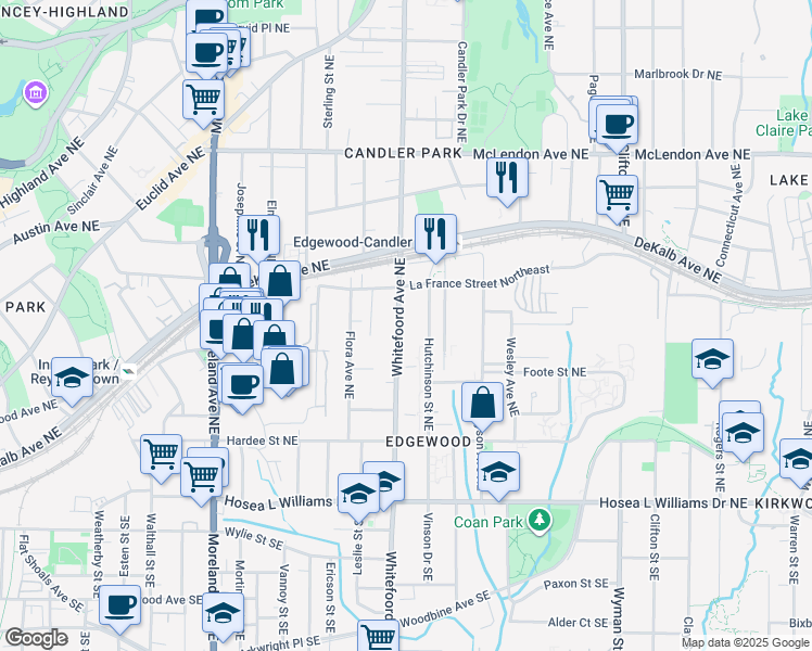 map of restaurants, bars, coffee shops, grocery stores, and more near 200 Whitefoord Avenue Northeast in Atlanta
