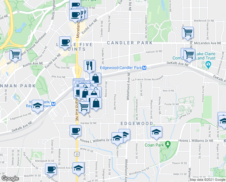 map of restaurants, bars, coffee shops, grocery stores, and more near 206 Flora Avenue Northeast in Atlanta