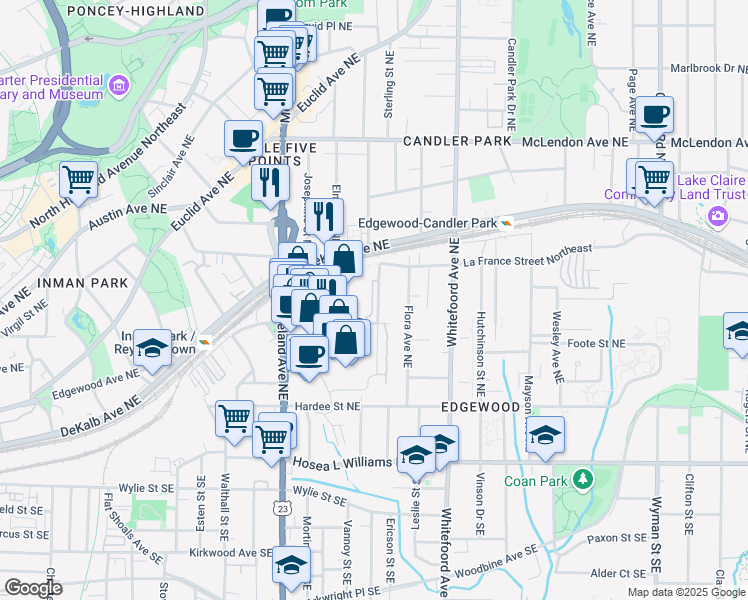map of restaurants, bars, coffee shops, grocery stores, and more near 190 Marion Place Northeast in Atlanta