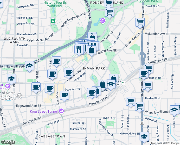 map of restaurants, bars, coffee shops, grocery stores, and more near 180 Waverly Way Northeast in Atlanta