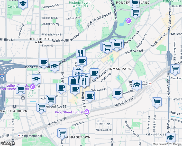 map of restaurants, bars, coffee shops, grocery stores, and more near 600 Brickworks Circle Northeast in Atlanta