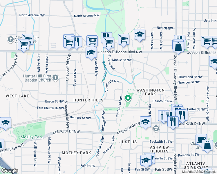 map of restaurants, bars, coffee shops, grocery stores, and more near 129 Arcadia Circle Northwest in Atlanta