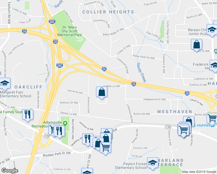 map of restaurants, bars, coffee shops, grocery stores, and more near 147 Hermer Circle Northwest in Atlanta