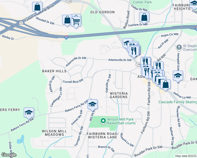 map of restaurants, bars, coffee shops, grocery stores, and more near 445 Oakside Drive Southwest in Atlanta