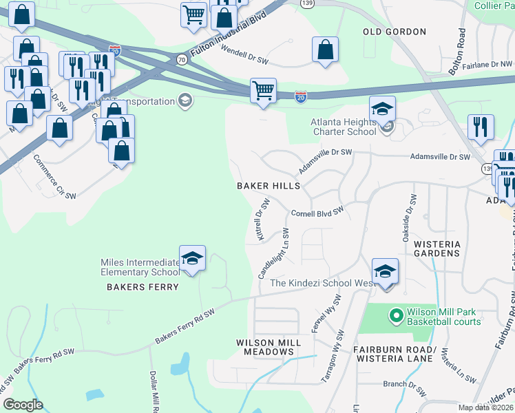 map of restaurants, bars, coffee shops, grocery stores, and more near 172 Kittrell Drive Southwest in Atlanta