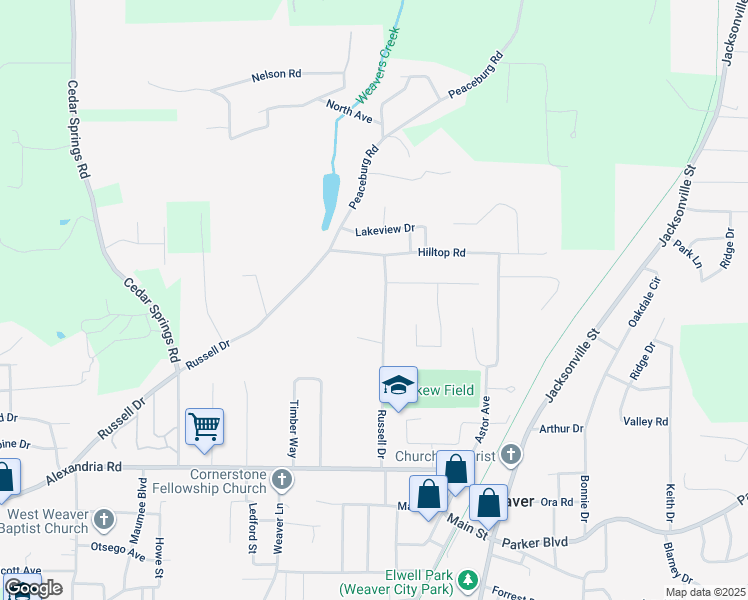 map of restaurants, bars, coffee shops, grocery stores, and more near 1026 Russell Drive in Weaver