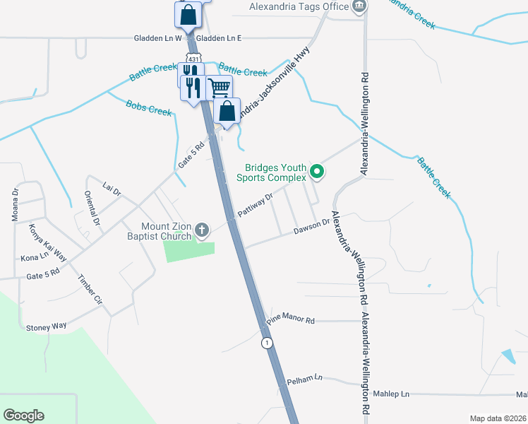 map of restaurants, bars, coffee shops, grocery stores, and more near 100 Pattiway Drive in Alexandria