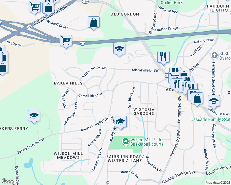 map of restaurants, bars, coffee shops, grocery stores, and more near 3822 Bakers Ferry Road Southwest in Atlanta