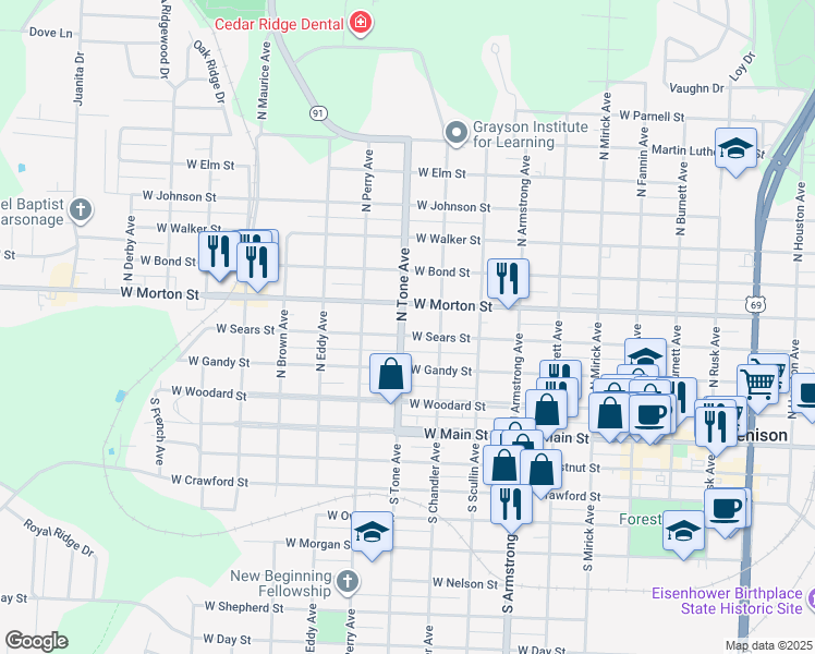 map of restaurants, bars, coffee shops, grocery stores, and more near 1029 West Sears Street in Denison