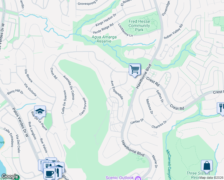 map of restaurants, bars, coffee shops, grocery stores, and more near 30105 Avenue Esplendida in Rancho Palos Verdes