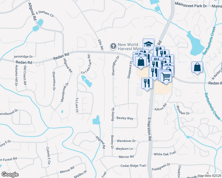 map of restaurants, bars, coffee shops, grocery stores, and more near 1193 Sherrington Drive in Stone Mountain