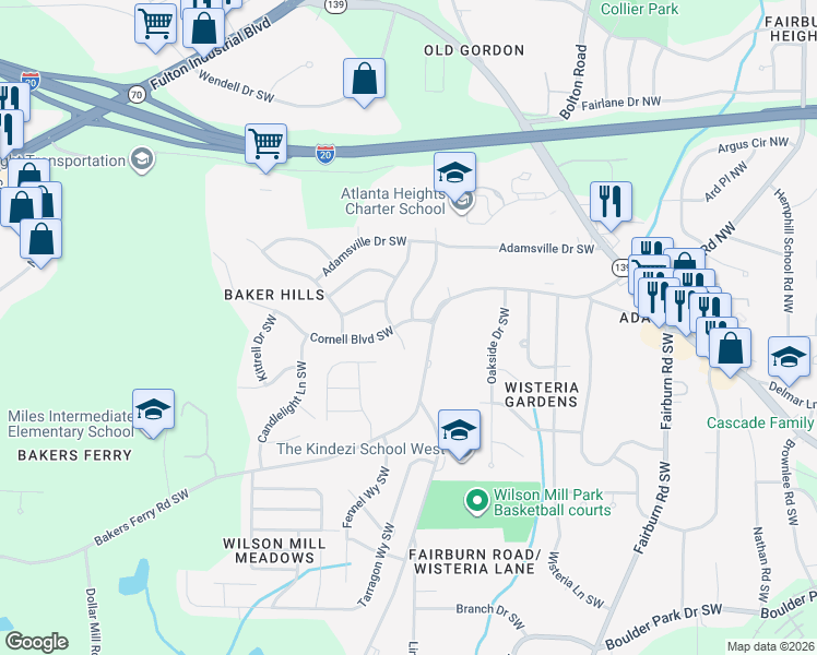 map of restaurants, bars, coffee shops, grocery stores, and more near 3911 Cornell Boulevard Southwest in Atlanta