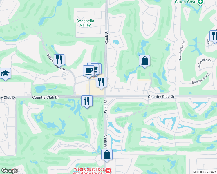 map of restaurants, bars, coffee shops, grocery stores, and more near 100 Potenza Circle in Palm Desert