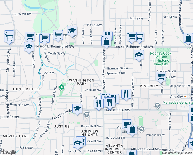 map of restaurants, bars, coffee shops, grocery stores, and more near 956 Mayson Turner Road Northwest in Atlanta