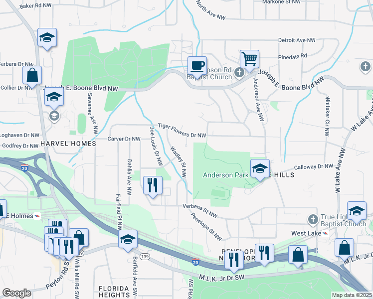 map of restaurants, bars, coffee shops, grocery stores, and more near 190 Carver Circle Northwest in Atlanta