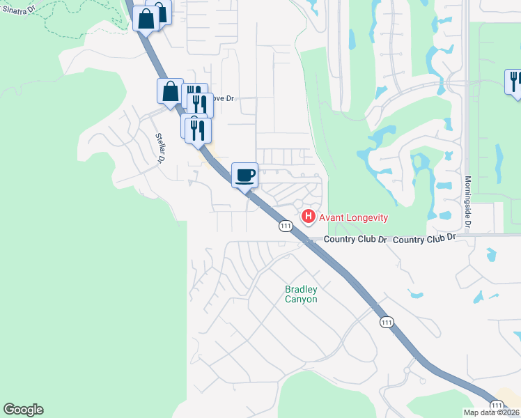 map of restaurants, bars, coffee shops, grocery stores, and more near 70265 California 111 in Rancho Mirage