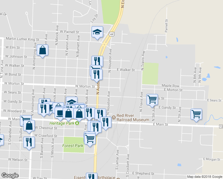 map of restaurants, bars, coffee shops, grocery stores, and more near 110 East Morton Street in Denison