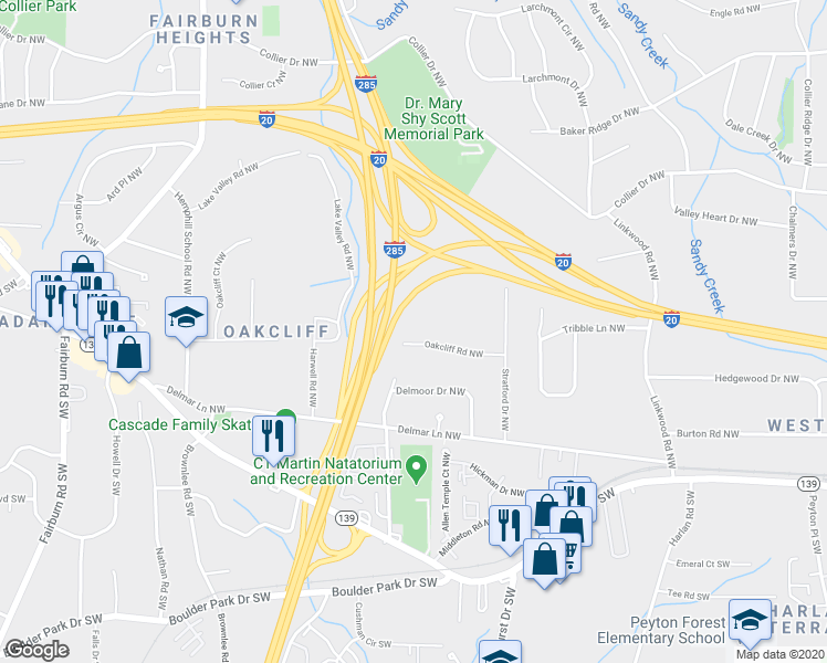 map of restaurants, bars, coffee shops, grocery stores, and more near 3185 Oakcliff Road Northwest in Atlanta