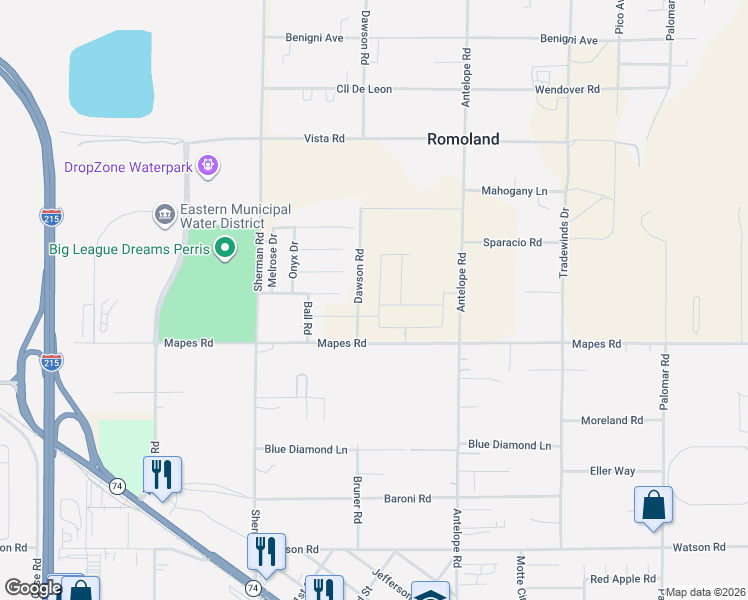 map of restaurants, bars, coffee shops, grocery stores, and more near 24855 Tall Tree Terrace in Romoland