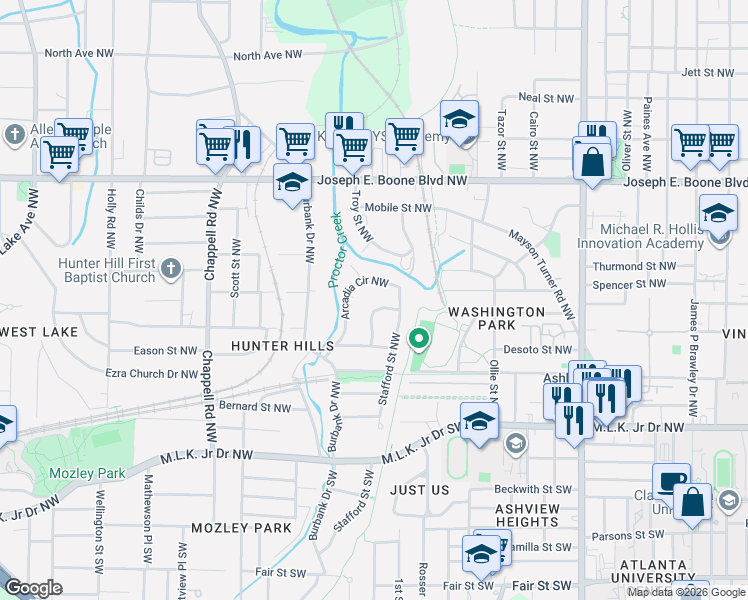 map of restaurants, bars, coffee shops, grocery stores, and more near 190 Stanhope Circle Northwest in Atlanta