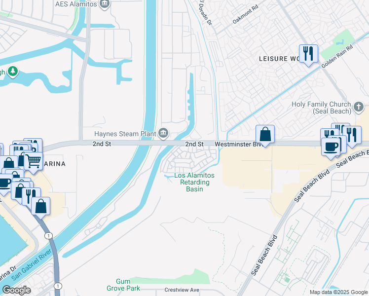 map of restaurants, bars, coffee shops, grocery stores, and more near 7053 Seawind Drive in Long Beach